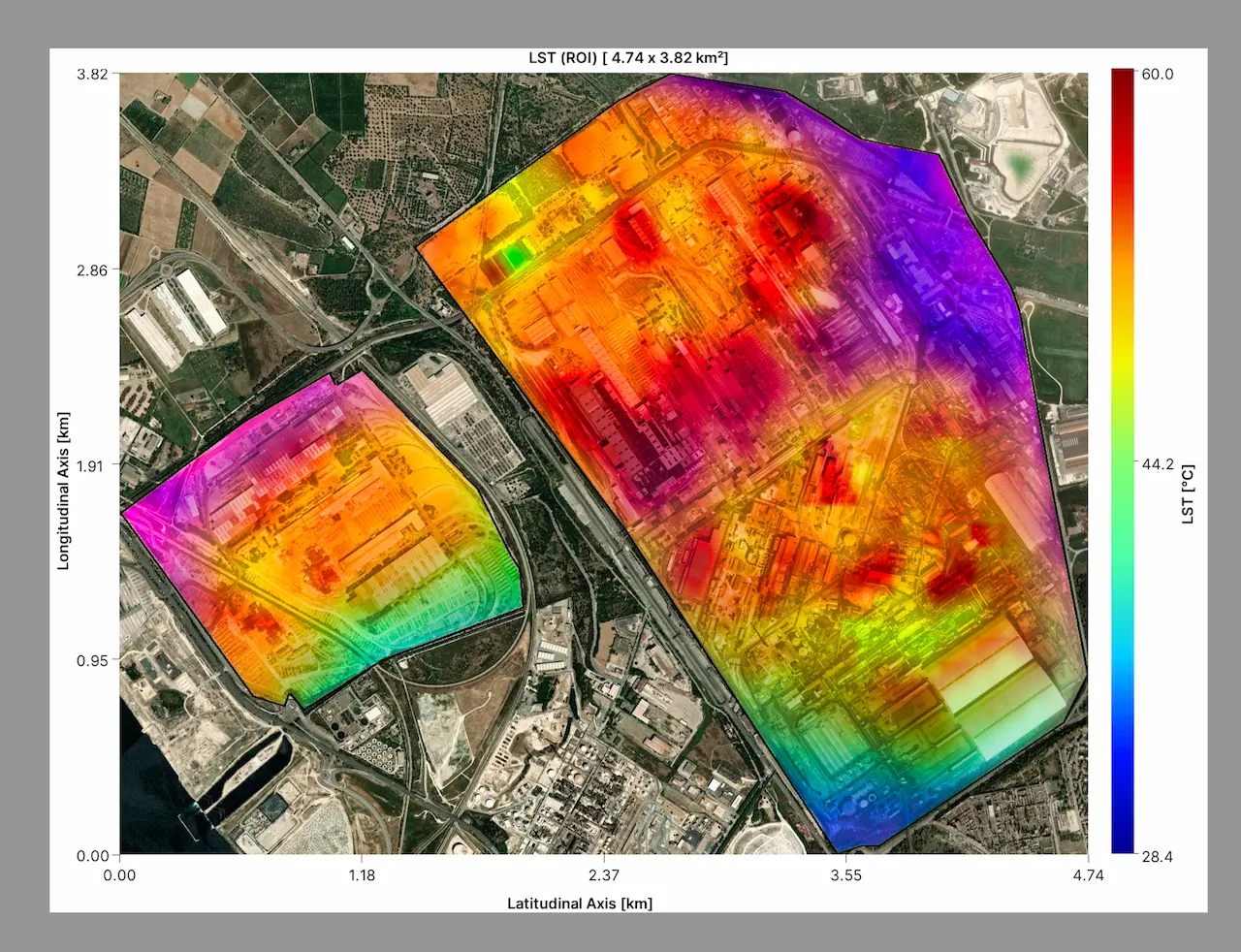 XNatura – Satellitenanalyse und KI für das Umweltmonitoring Satellitenkarte mit Analyse der Oberflächentemperatur des Bodens, die von XNatura für das Umwelt- und Klimamonitoring mithilfe von künstlicher Intelligenz und IoT-Daten verwendet wird.