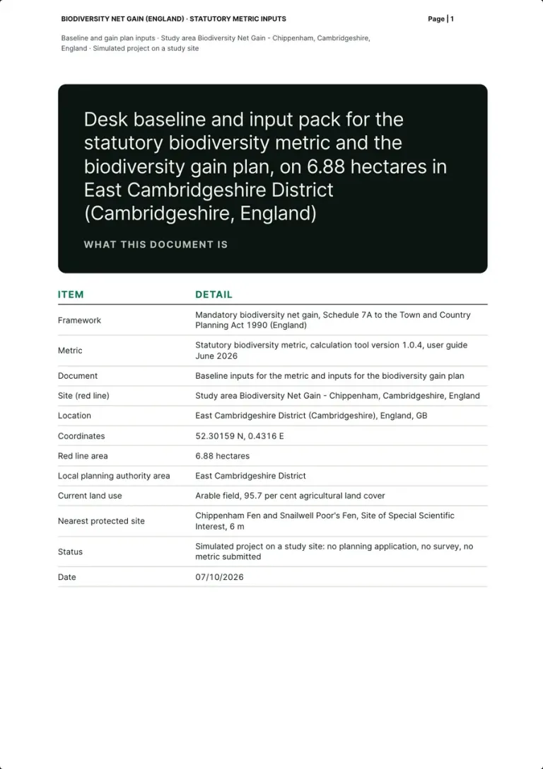 The first page of the pack: a dark box saying what the document is, and the table with framework, metric, red line, location, coordinates, area, local planning authority, land use, nearest protected site, status and date.