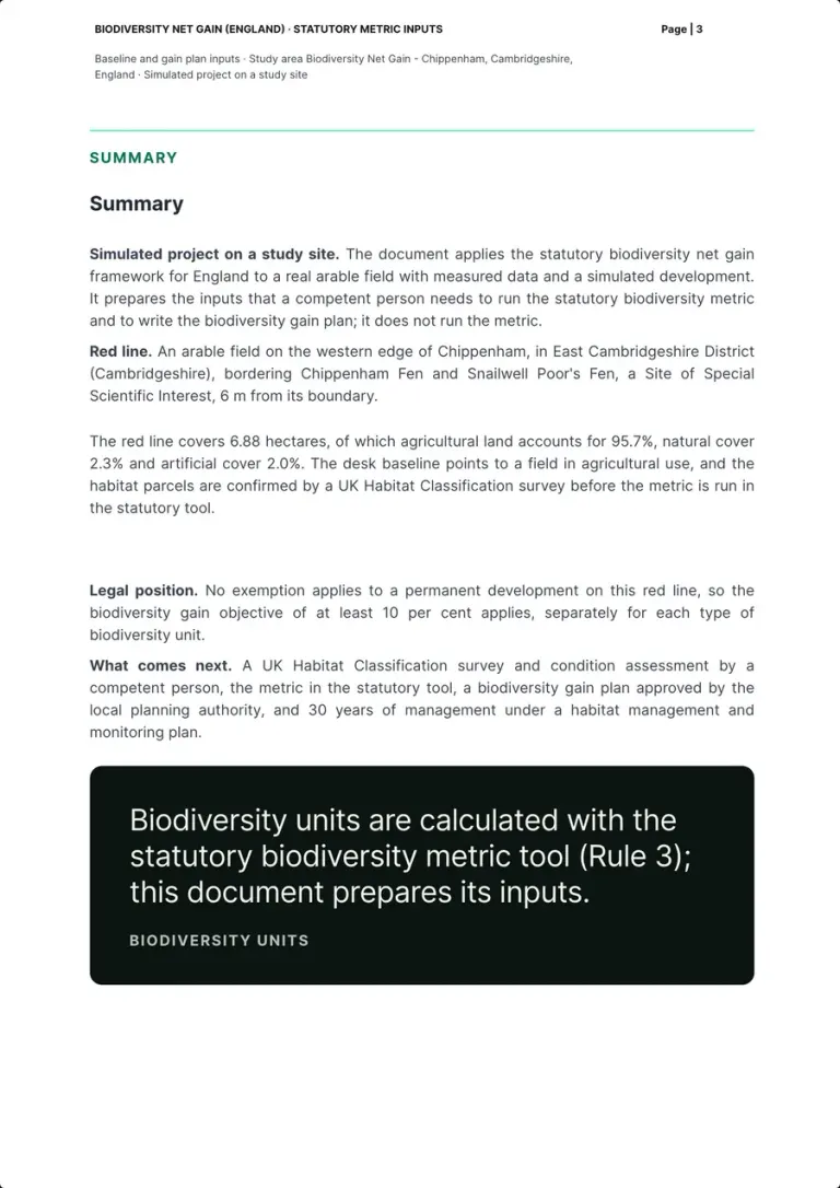 The summary page: the paragraphs on the simulated project, the red line, the legal position and what comes next, and a dark box saying that biodiversity units are calculated with the statutory tool and that the document prepares its inputs.