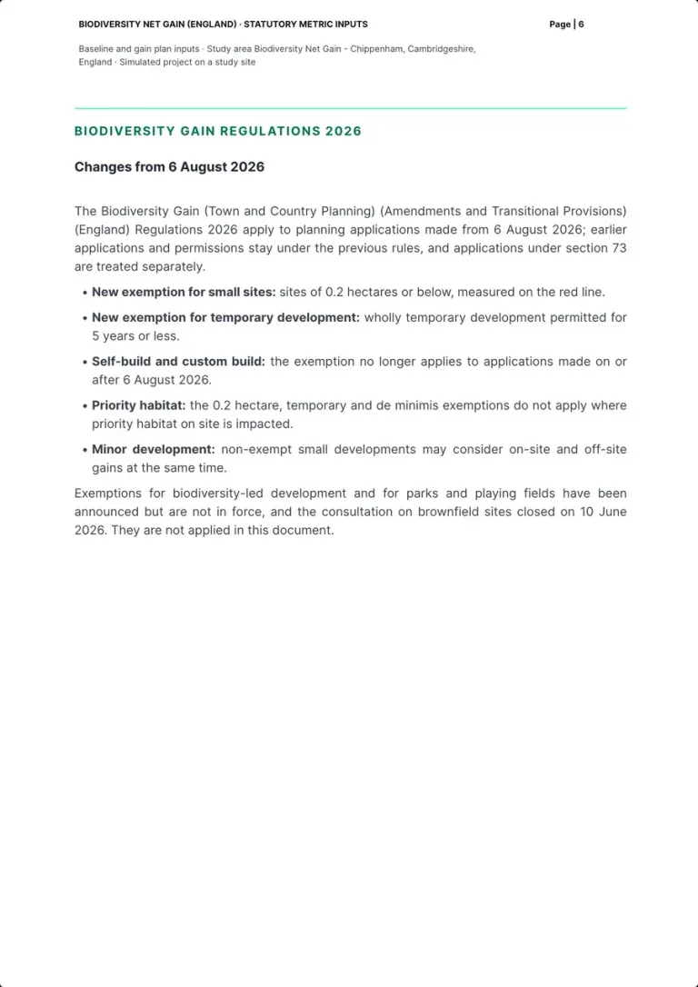 The page on the changes from 6 August 2026: the regulations, the bullet list of the new exemptions, self-build, priority habitat and minor development, and the paragraph on the exemptions not in force.