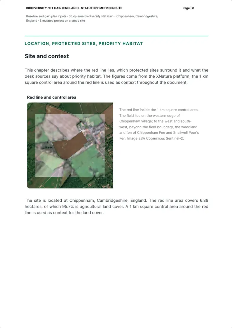 The site and context page: the satellite image with the red line inside the square control area, its caption, and the paragraph on the location and land cover.