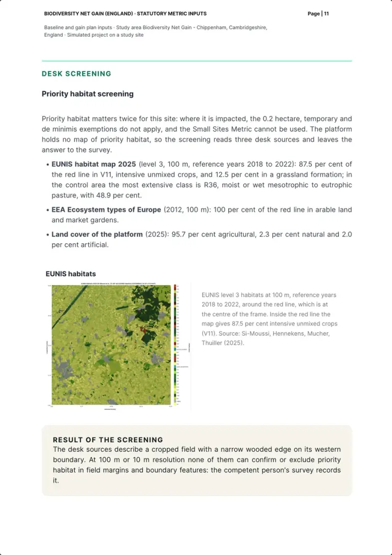 The priority habitat screening: the three desk sources with their figures, the EUNIS habitat map around the red line with its legend and caption, and the box with the result of the screening.