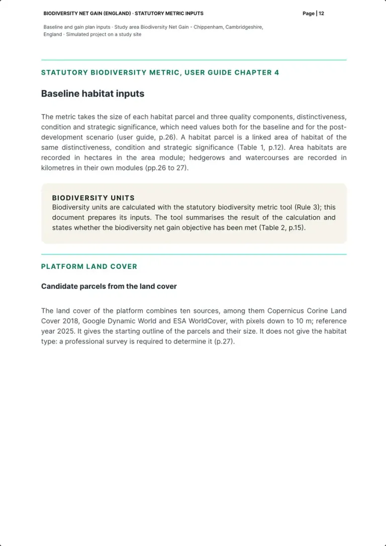 The opening of the baseline habitat inputs: the text on size and the three quality components, a box on biodiversity units and Rule 3, and the start of the candidate parcels from the land cover.
