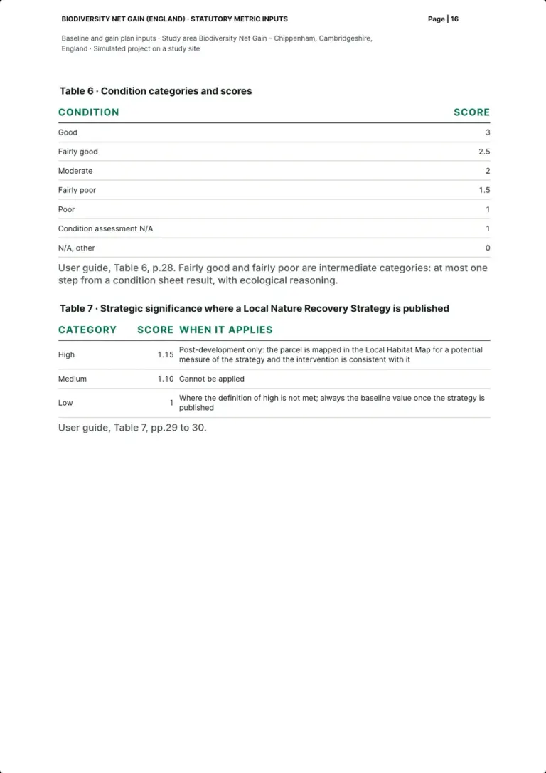 Table 6 with the condition categories and their scores, and Table 7 with the strategic significance categories, their scores and when each applies.