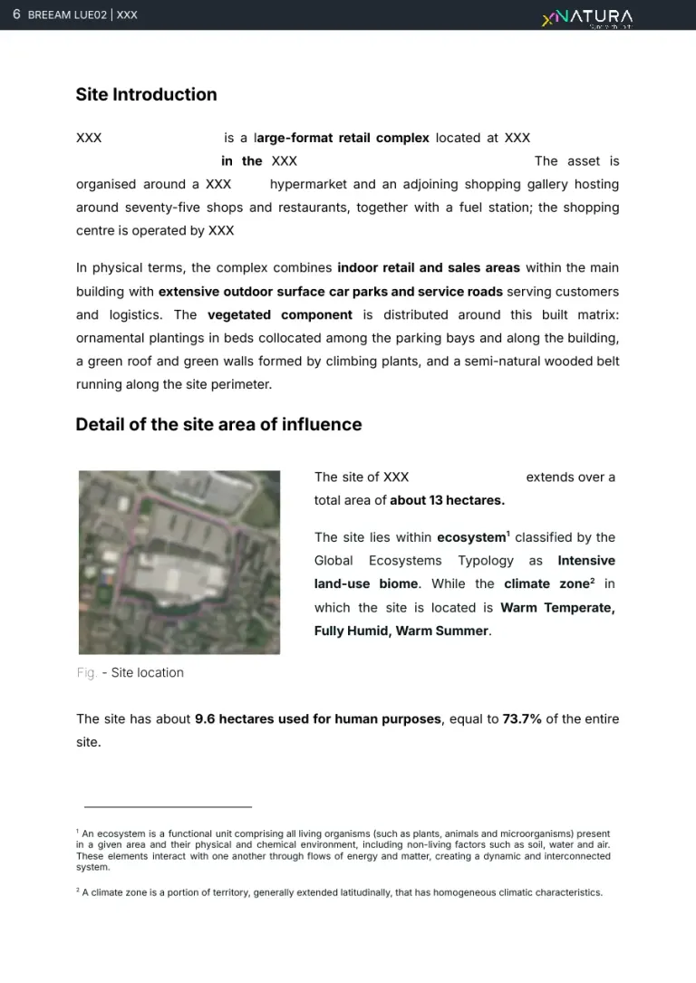 L'introduzione del sito con l'ortofoto del centro commerciale e il riquadro sull'area di influenza: superficie, ecosistema e zona climatica.