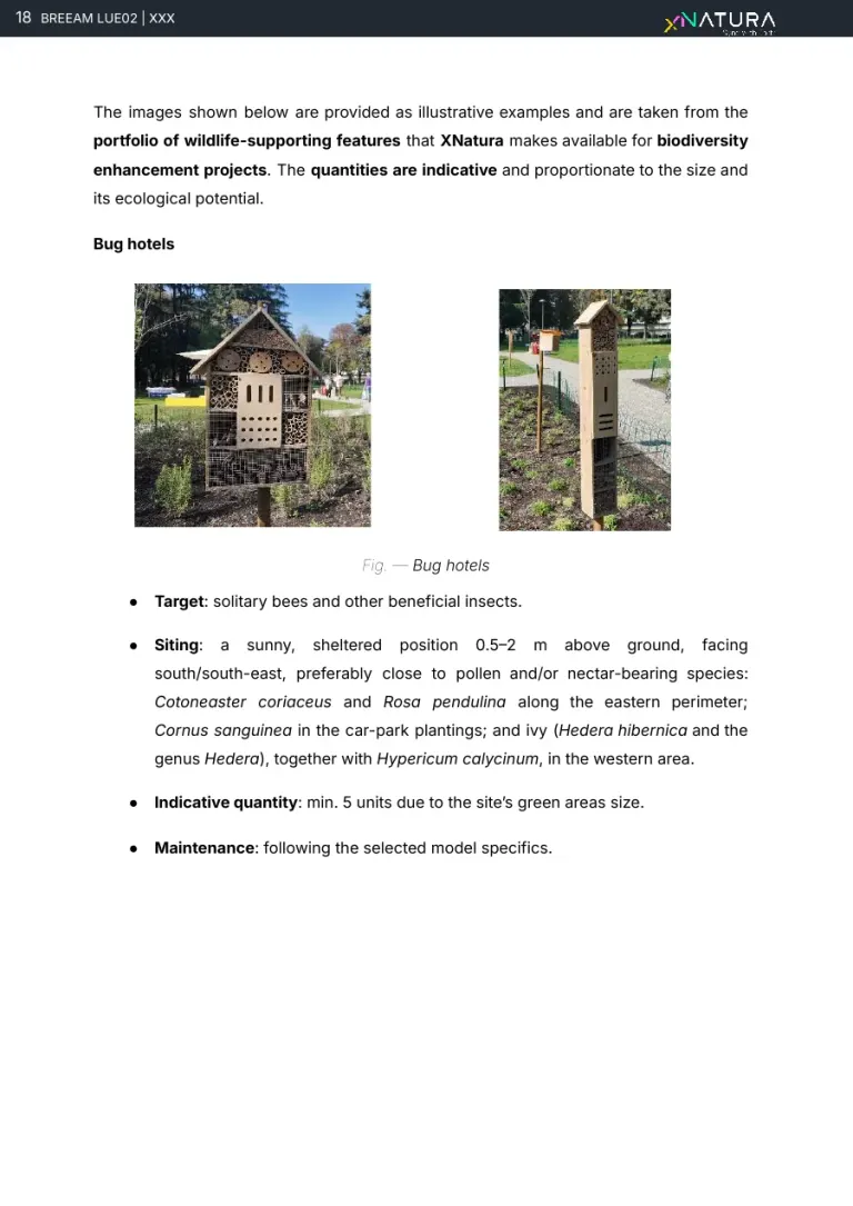 La pagina con due esempi fotografici di bug hotel e le indicazioni su specie bersaglio, posizione, quantità e manutenzione.