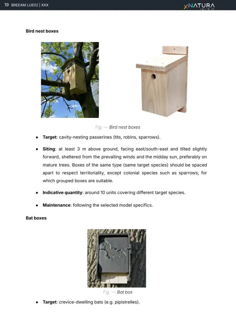 La pagina sulle cassette nido e le bat box con fotografie di esempio e le indicazioni di installazione.