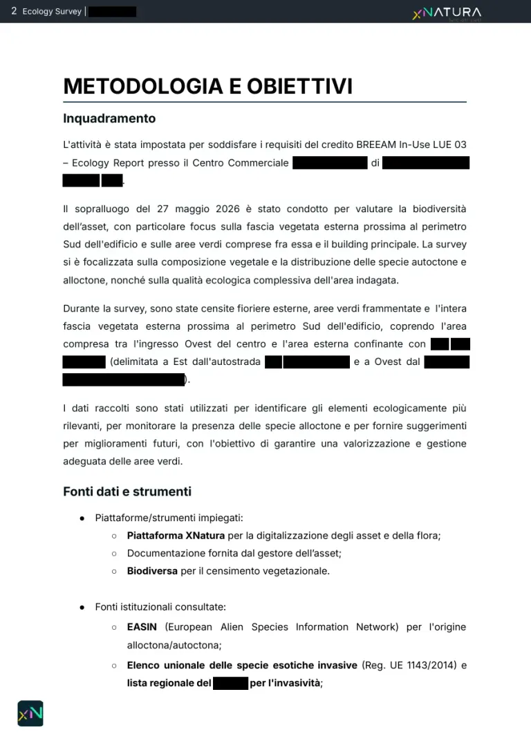 La pagina Metodologia e obiettivi del report LUE 03: inquadramento del sopralluogo, fonti dati e strumenti.