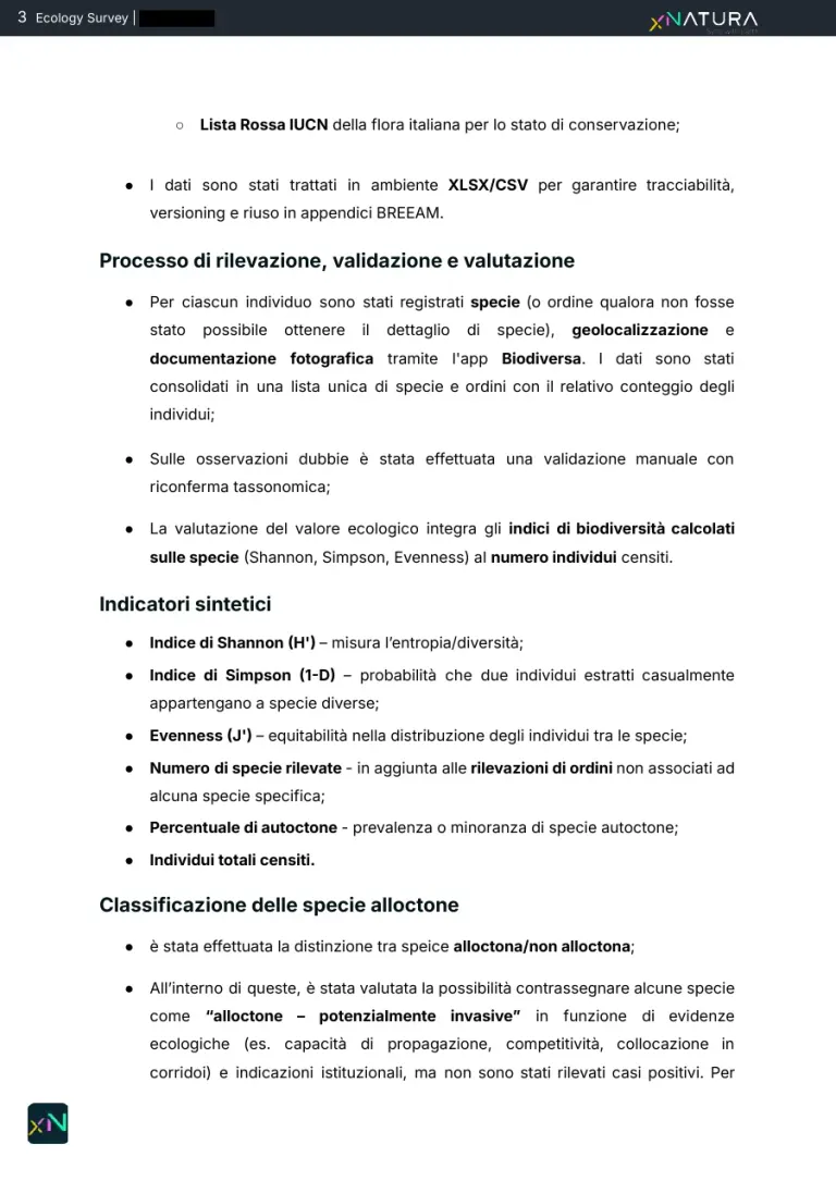 La pagina sul processo di rilevazione, validazione e valutazione, con gli indicatori sintetici e la classificazione delle specie alloctone.