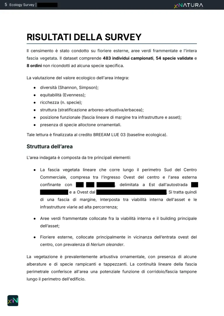 La pagina Risultati della survey del report LUE 03, con il dataset del censimento e gli indicatori usati per il valore ecologico.