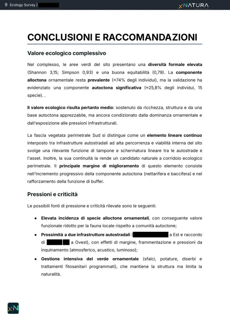 La pagina Conclusioni e raccomandazioni: valore ecologico complessivo, pressioni e criticità.