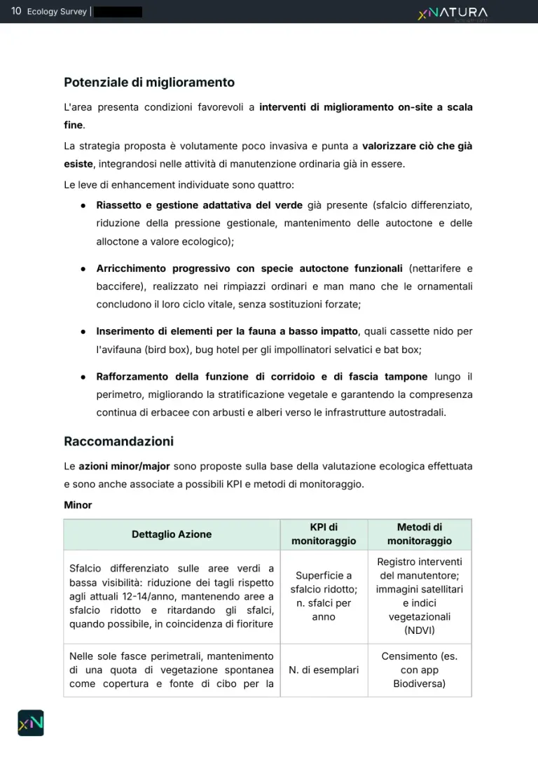 La pagina sul potenziale di miglioramento con le leve di intervento e l'inizio della tabella delle azioni minor.