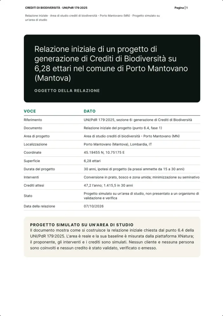 The first page of the report: its subject, the table with reference, area, surface, duration, actions and expected credits, and the box stating it is a simulated project on a study site.