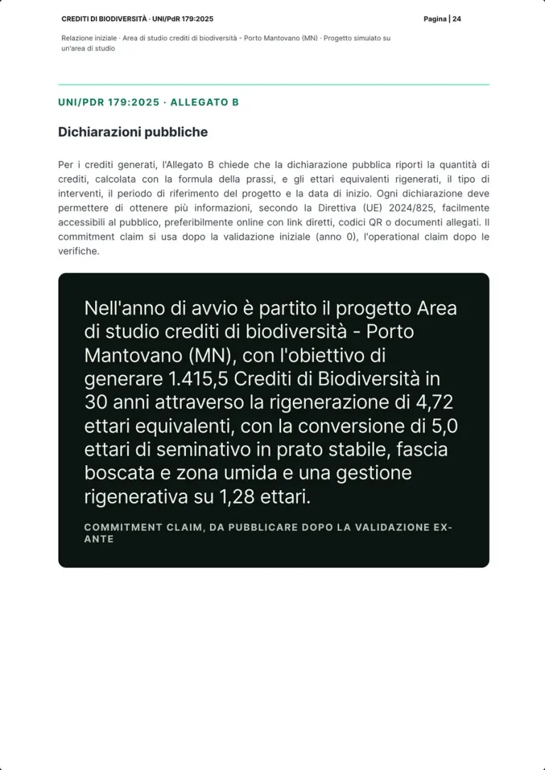 The page on public claims: the text on Annex B and, in a dark box, the project's commitment claim to publish after the ex-ante validation.