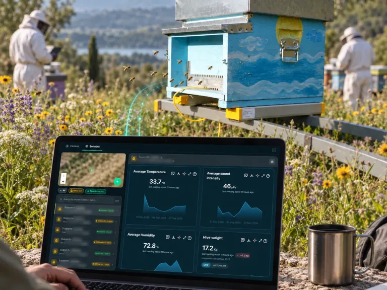 Una colmena de madera con el panel solar en el techo y los dos sensores Hive-Tech en el frente