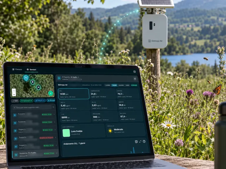 El sensor Sintropy Air en el tronco de un árbol joven en un prado, con humo pasando por detrás