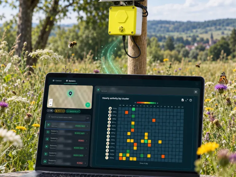 Spectrum en su poste en un prado en flor, mientras una mano lee sus datos en el teléfono