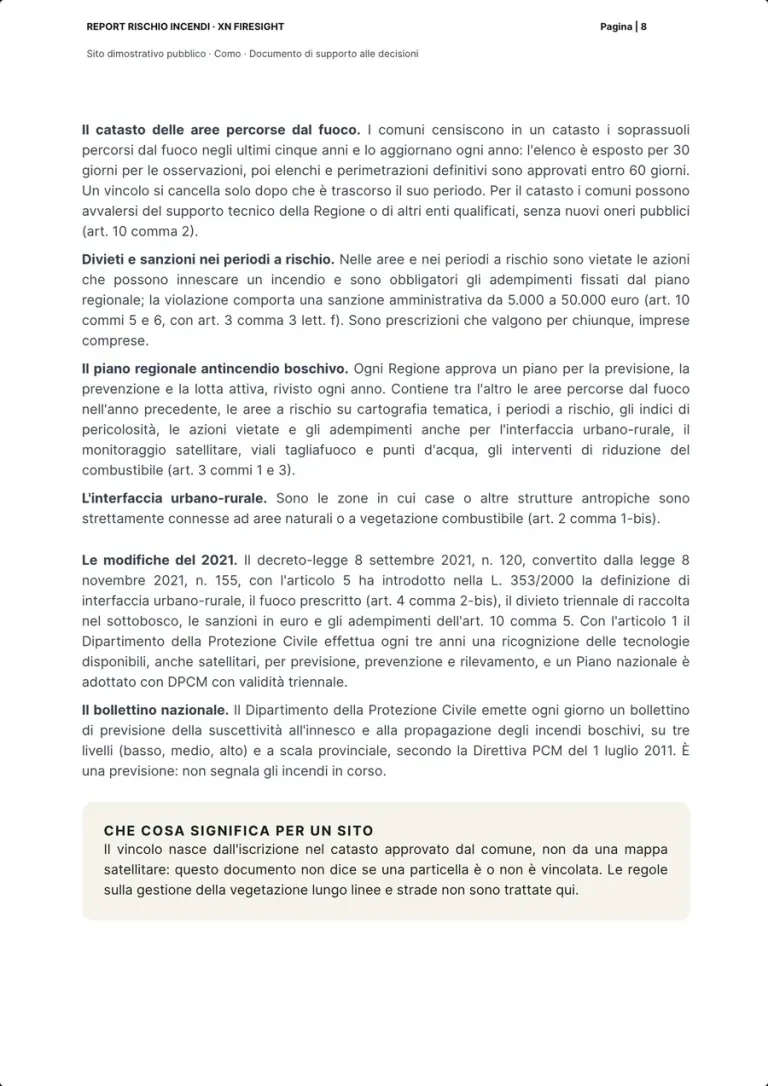 La pagina su catasto, divieti e sanzioni, piano regionale antincendio boschivo, interfaccia urbano-rurale, modifiche del 2021 e bollettino nazionale, con il riquadro su che cosa significa per un sito.