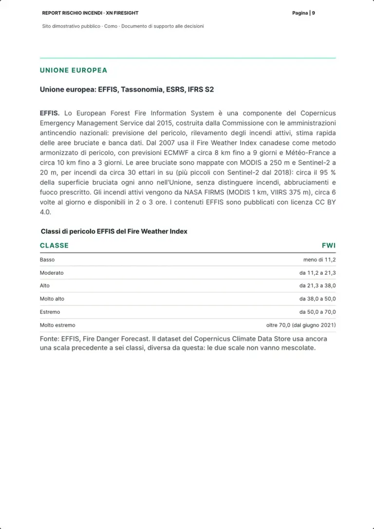La pagina sull'Unione europea: il paragrafo su EFFIS e la tabella delle classi di pericolo EFFIS del Fire Weather Index, da basso a molto estremo, con la fonte e l'avvertenza sulle due scale.