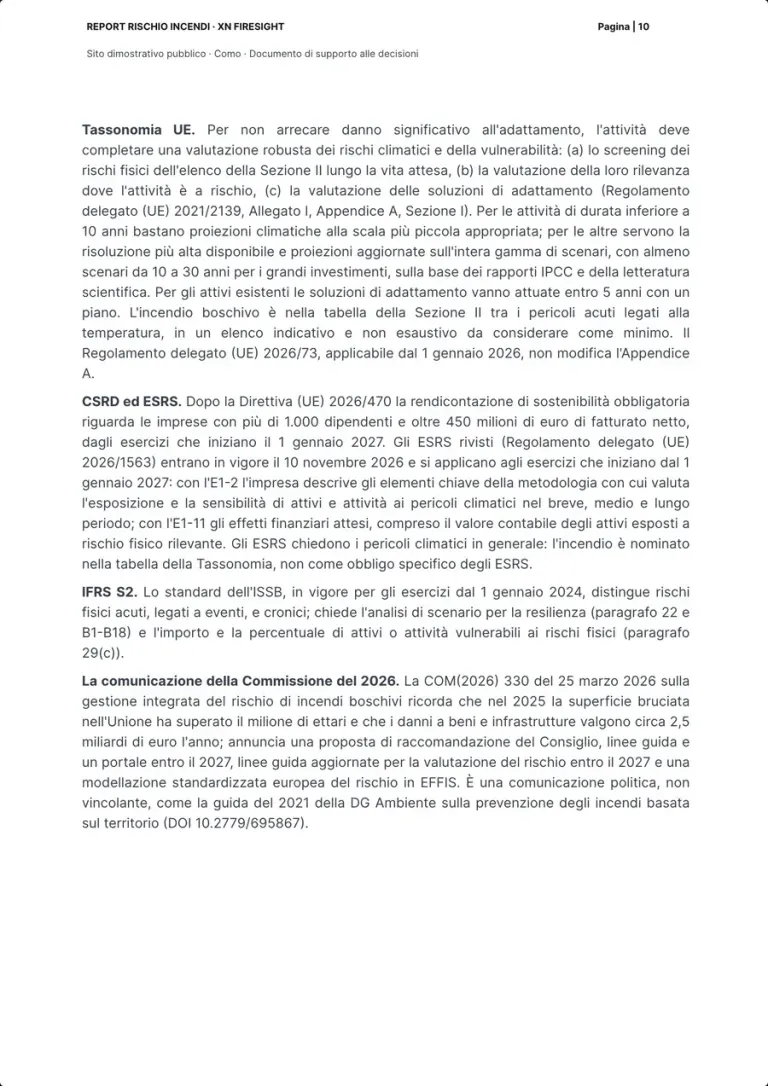 La pagina su Tassonomia UE, CSRD ed ESRS, IFRS S2 e la comunicazione della Commissione del 2026, quattro paragrafi ciascuno con la sua fonte.