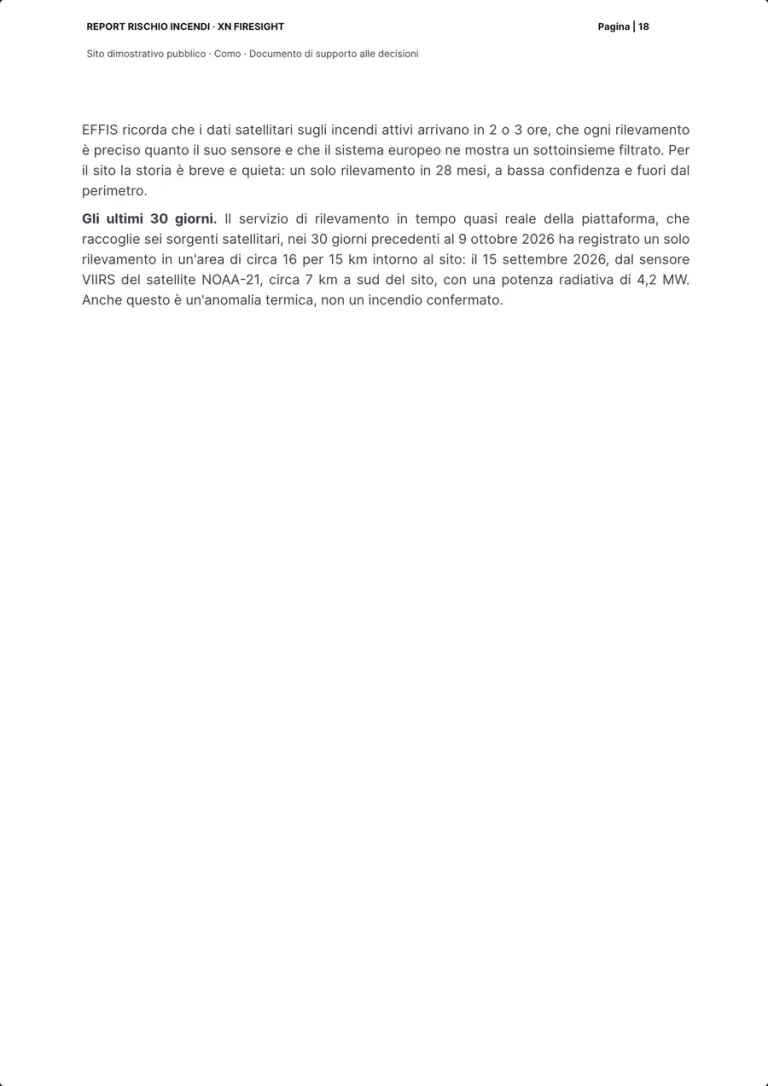 La seconda pagina sui rilevamenti: due paragrafi, l'avvertenza di EFFIS sui dati satellitari e il rilevamento degli ultimi 30 giorni intorno al sito.