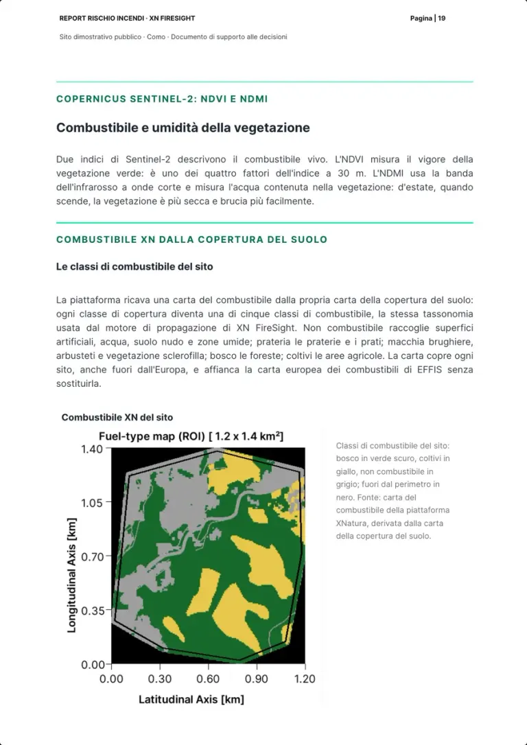 La pagina sul combustibile: il testo su NDVI e NDMI, il titolo sul combustibile XN dalla copertura del suolo, il paragrafo sulle cinque classi e la mappa del combustibile del sito con la didascalia.