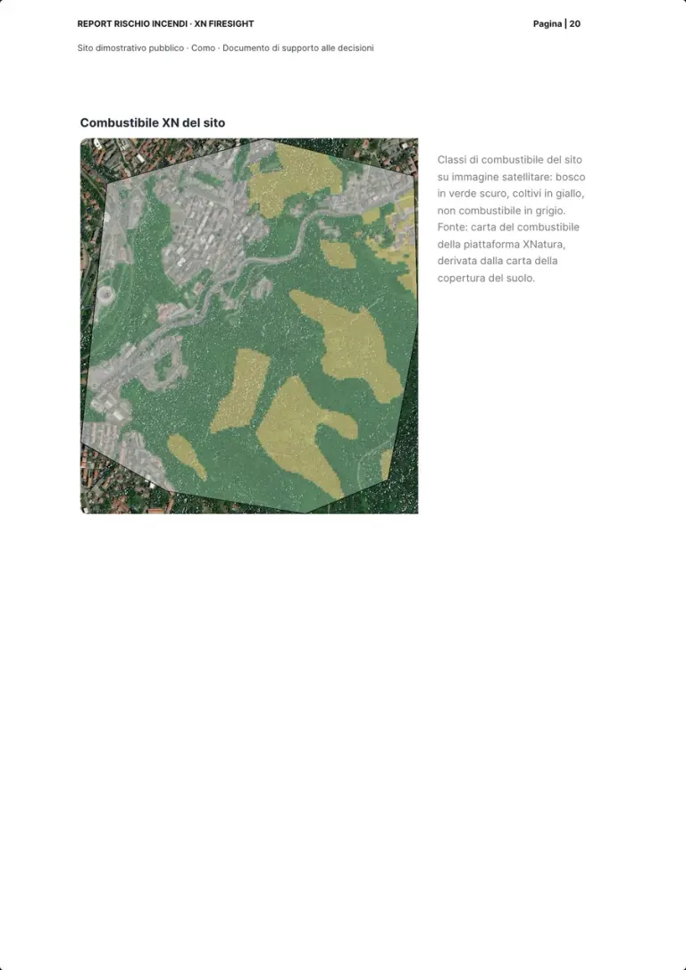 The fuel map page: the site's fuel classes on a satellite image, woodland in dark green, cropland in yellow and non-burnable in grey, with the caption and the source.
