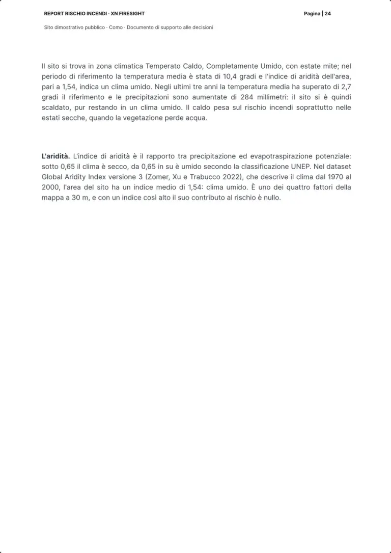 La seconda pagina sul clima: il paragrafo su zona climatica, temperatura e precipitazioni degli ultimi tre anni, e il paragrafo sull'indice di aridità.