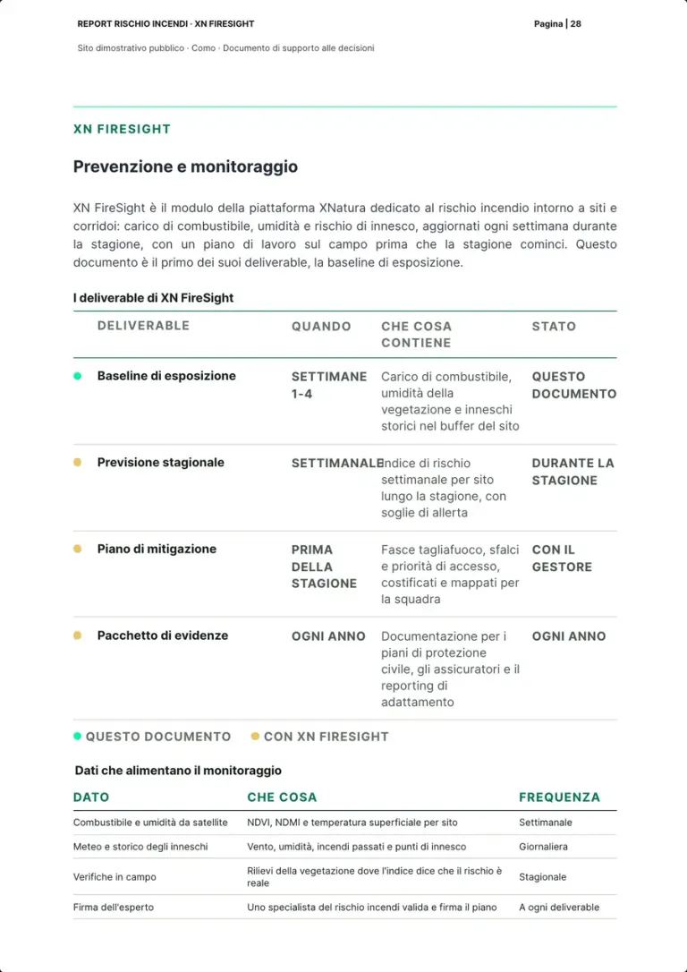 The XN FireSight page: the text on the module, the table of its deliverables with when, contents and status, this document marked apart, and the table of the data that feed the monitoring.