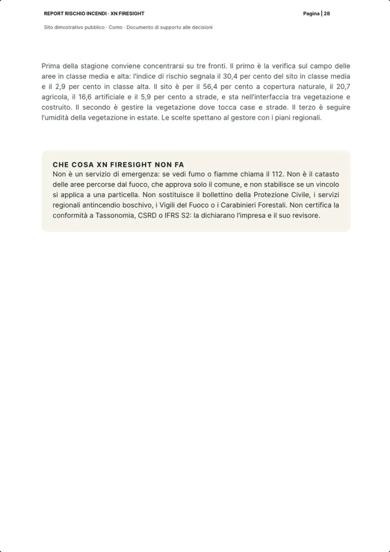 La seconda pagina su XN FireSight: il paragrafo sui tre fronti prima della stagione e il riquadro su che cosa XN FireSight non fa.