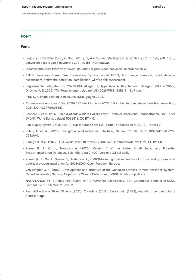 La pagina delle fonti: l'elenco puntato dalle norme italiane ed europee agli standard, alla letteratura e ai dataset satellitari.