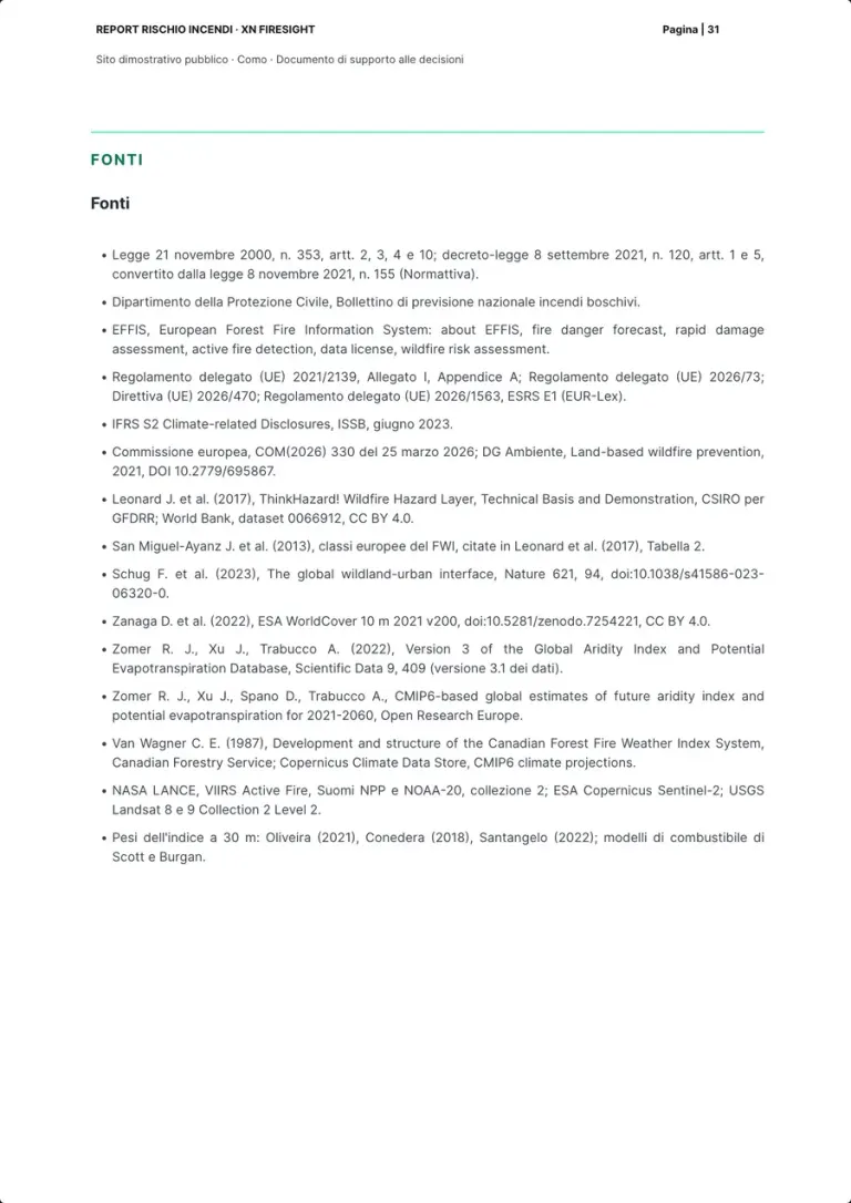 The sources page: the bulleted list from the Italian and EU rules to the standards, the literature and the satellite datasets.