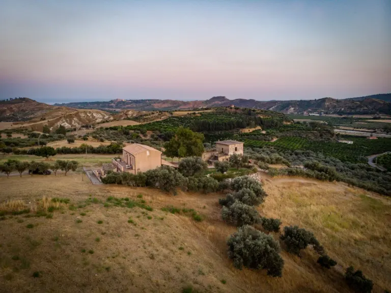 Dry hills with olive groves and a farmhouse at dusk, from above