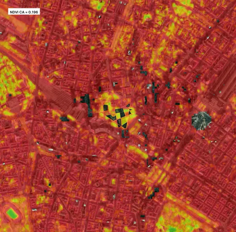 Layer NDVI della vegetazione intorno al parco BAM di Milano, con il perimetro del sito