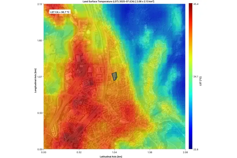 Land surface temperature in July 2025 around the Argor-Heraeus site in Mendrisio: the built-up valley floor runs hotter than the wooded slopes