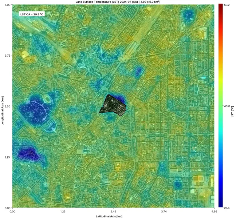 Temperatura superficiale a luglio 2024 intorno ai Giardini Indro Montanelli di Milano: l'isola di calore urbana e il fresco dei parchi