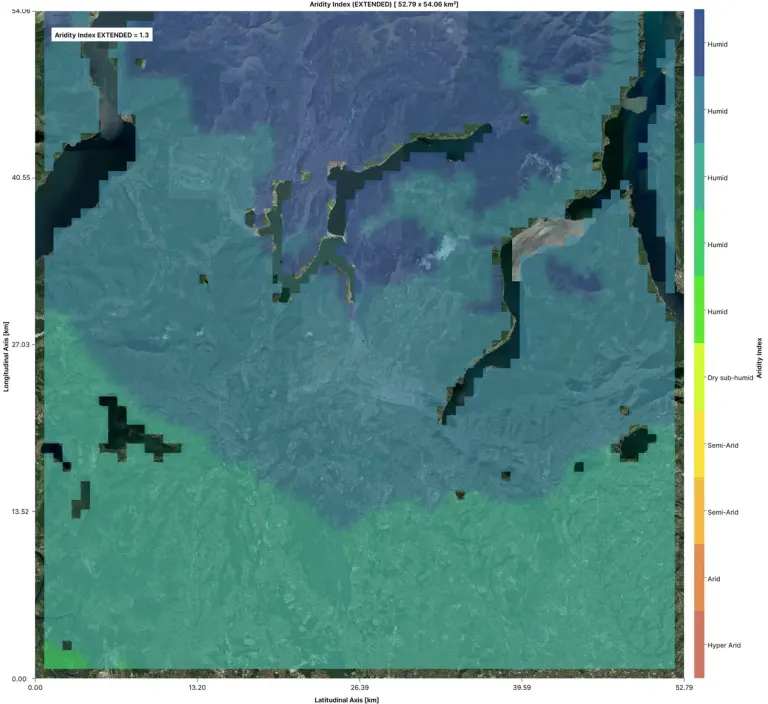 Aridity index around the Argor-Heraeus site in Mendrisio, about 50 km across, from the platform