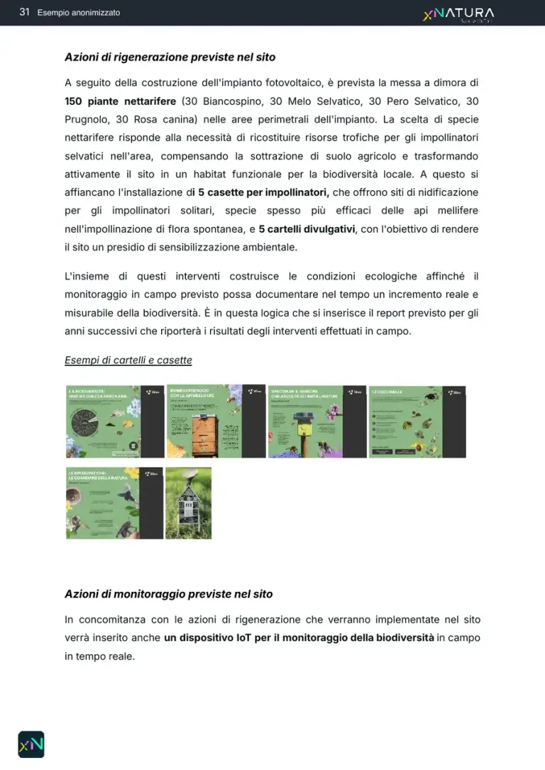 The regeneration actions planned on the site, nectar plants, pollinator nest boxes and information signs, with sample signs and the monitoring device.