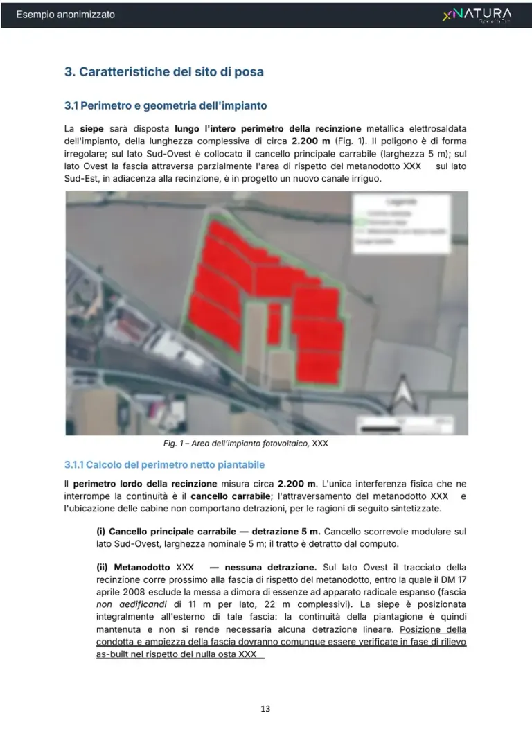Perimeter and layout of the solar plant: the map of the fenced area and the calculation of the plantable perimeter for the hedge.