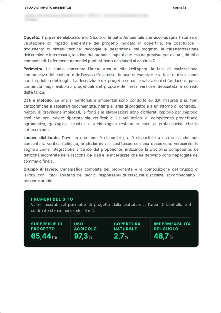 La page d'ouverture de l'étude avec objet, périmètre, données et méthode, et l'encadré des chiffres du site : surface, usage agricole, couverture naturelle, imperméabilisation.