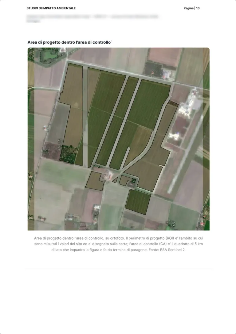 L'orthophoto de la zone du projet, champs cultivés et chemins agricoles, avec le périmètre tracé au centre de la zone de contrôle.