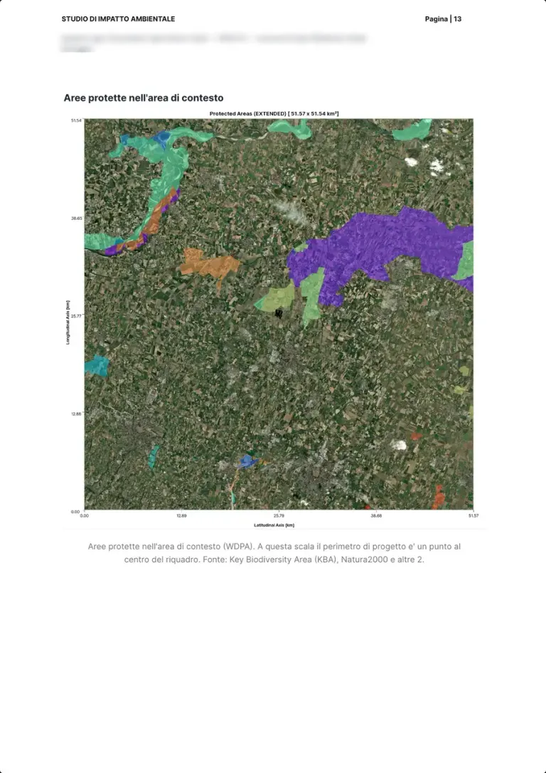 La carte des aires protégées sur la zone de contexte, colorées par type, avec le projet comme un point au centre du cadre.