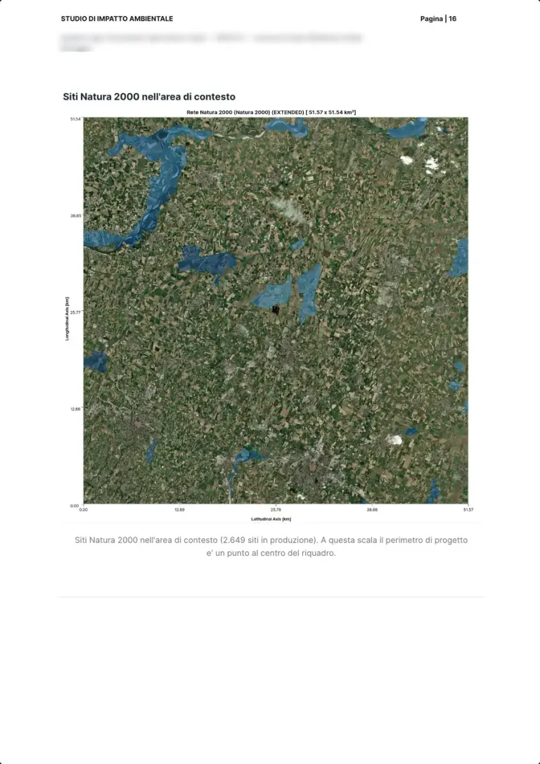 La carte des sites Natura 2000 sur la zone de contexte, en bleu clair, avec le projet comme un point au centre.