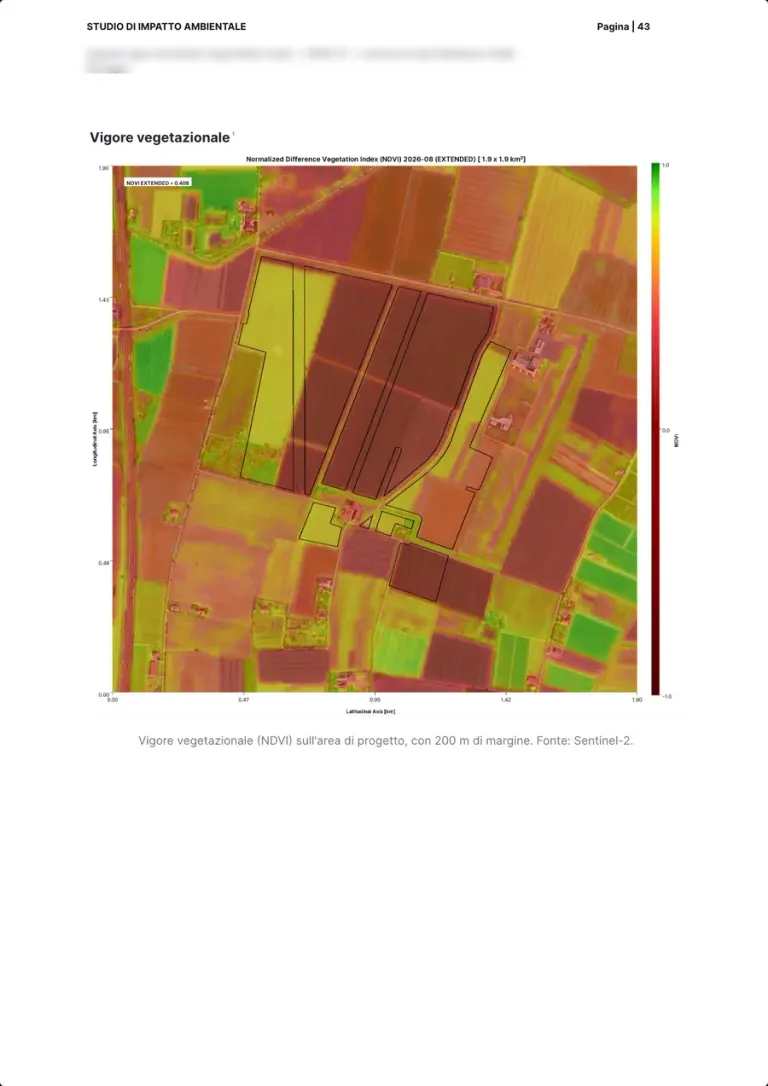 La carte de vigueur de la végétation NDVI sur la zone du projet, du jaune au vert foncé, avec les contours des parcelles.