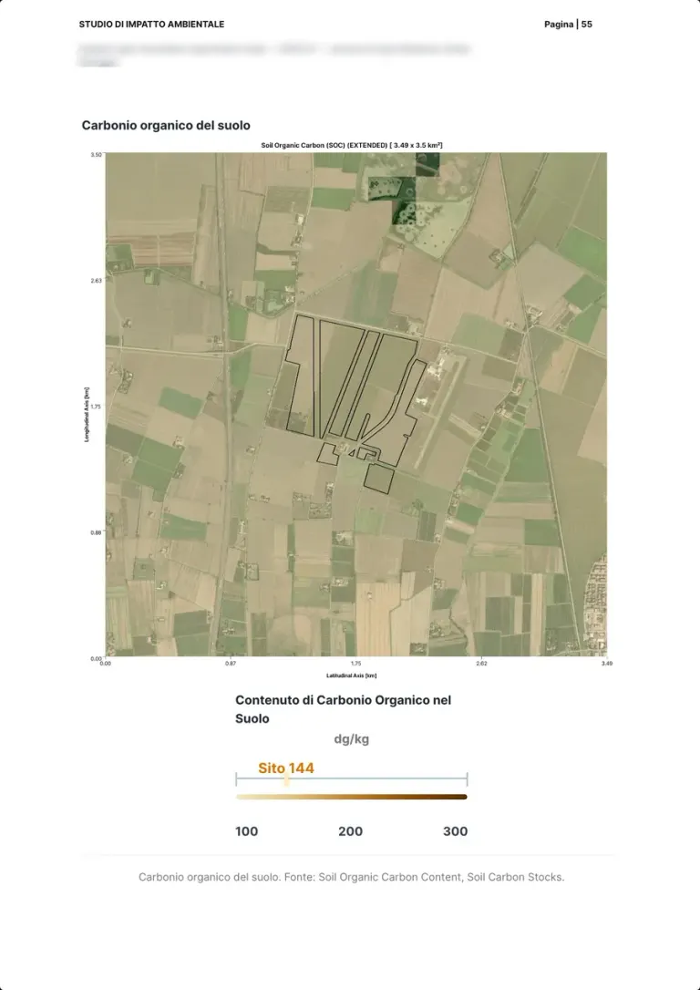 La carte du carbone organique du sol autour du site, avec le périmètre du projet et la barre d'échelle portant la valeur du site.