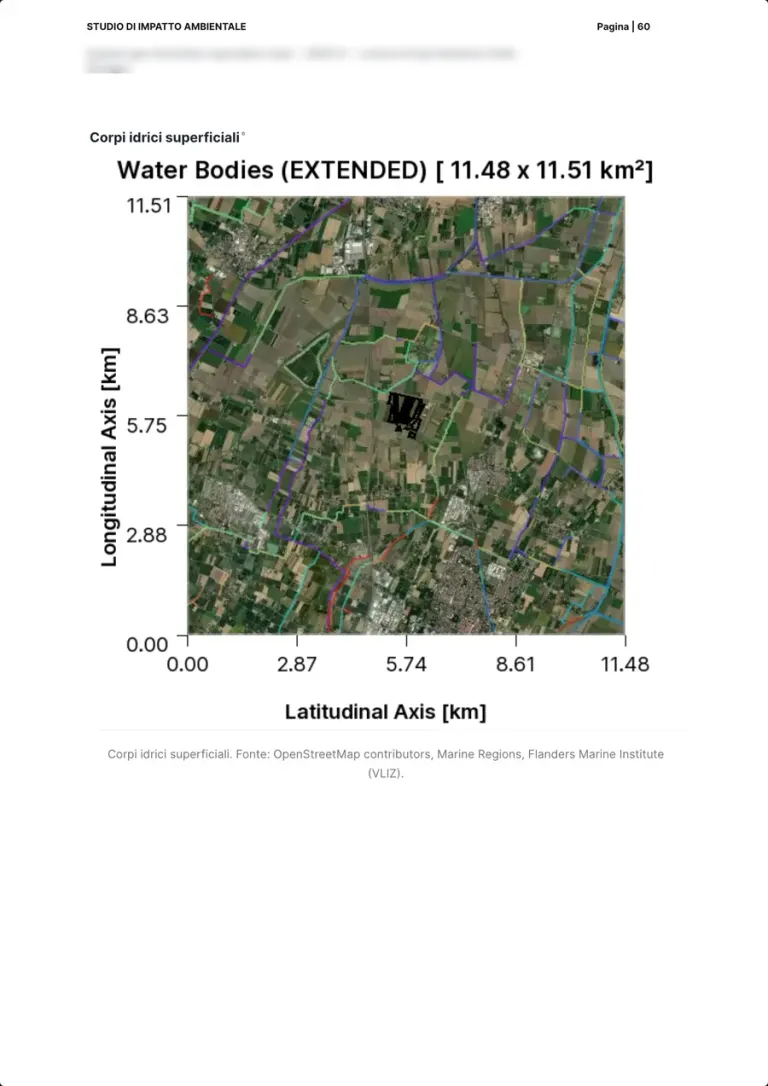 La carte des masses d'eau de surface autour du site sur orthophoto, avec le périmètre du projet.