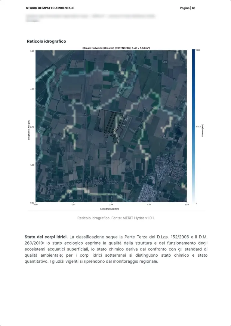 La carte du réseau hydrographique autour du site, avec les cours d'eau en bleu clair, et le texte sur l'état des masses d'eau.