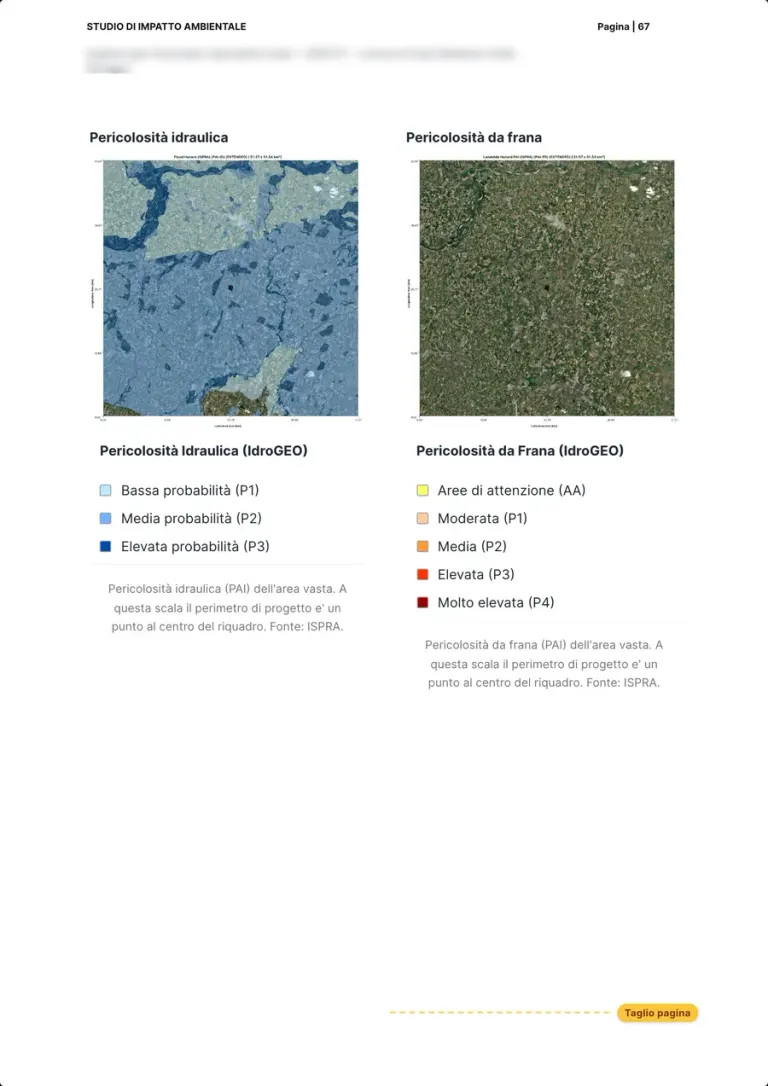 Deux cartes de la zone élargie côte à côte : l'aléa inondation et l'aléa glissement de terrain de la mosaïque IdroGEO, avec les légendes des classes.
