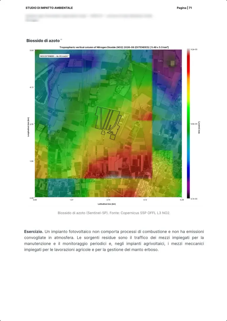 La carte du dioxyde d'azote de Sentinel-5P autour du site, en bandes de couleur, et le texte sur les émissions en exploitation.