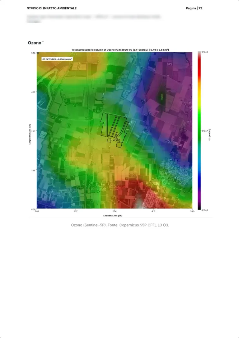 La carte de l'ozone de Sentinel-5P autour du site, en bandes de couleur du bleu au rouge.